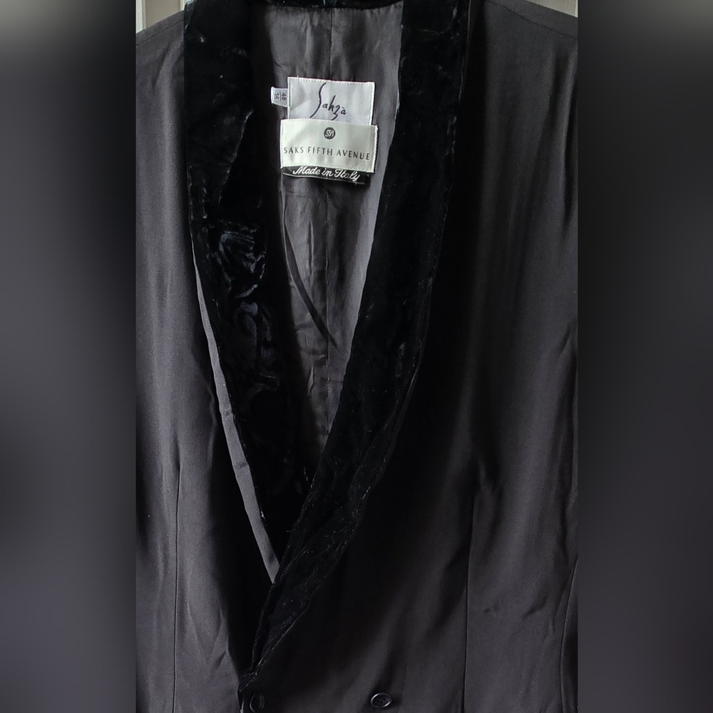 Sahza By Saks Fifth Avenue Black Tuxedo Vest Velvet Lapel Black 14 Made In Italy - Picture 9 of 12